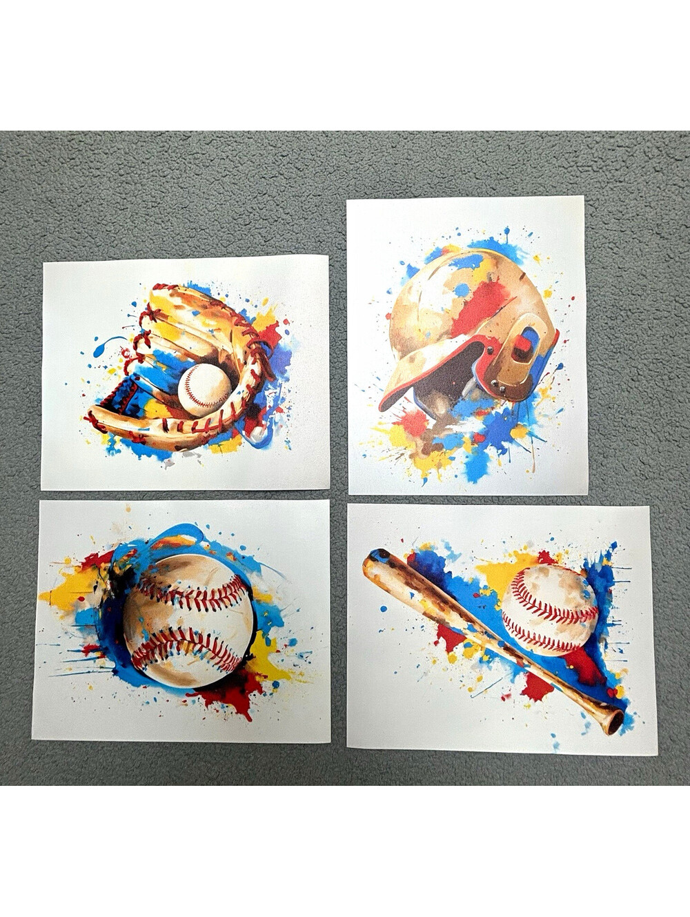 4pc Baseball Watercolor Splash Art Print Set Glove Helmet Ball Bat 10X8 Inches